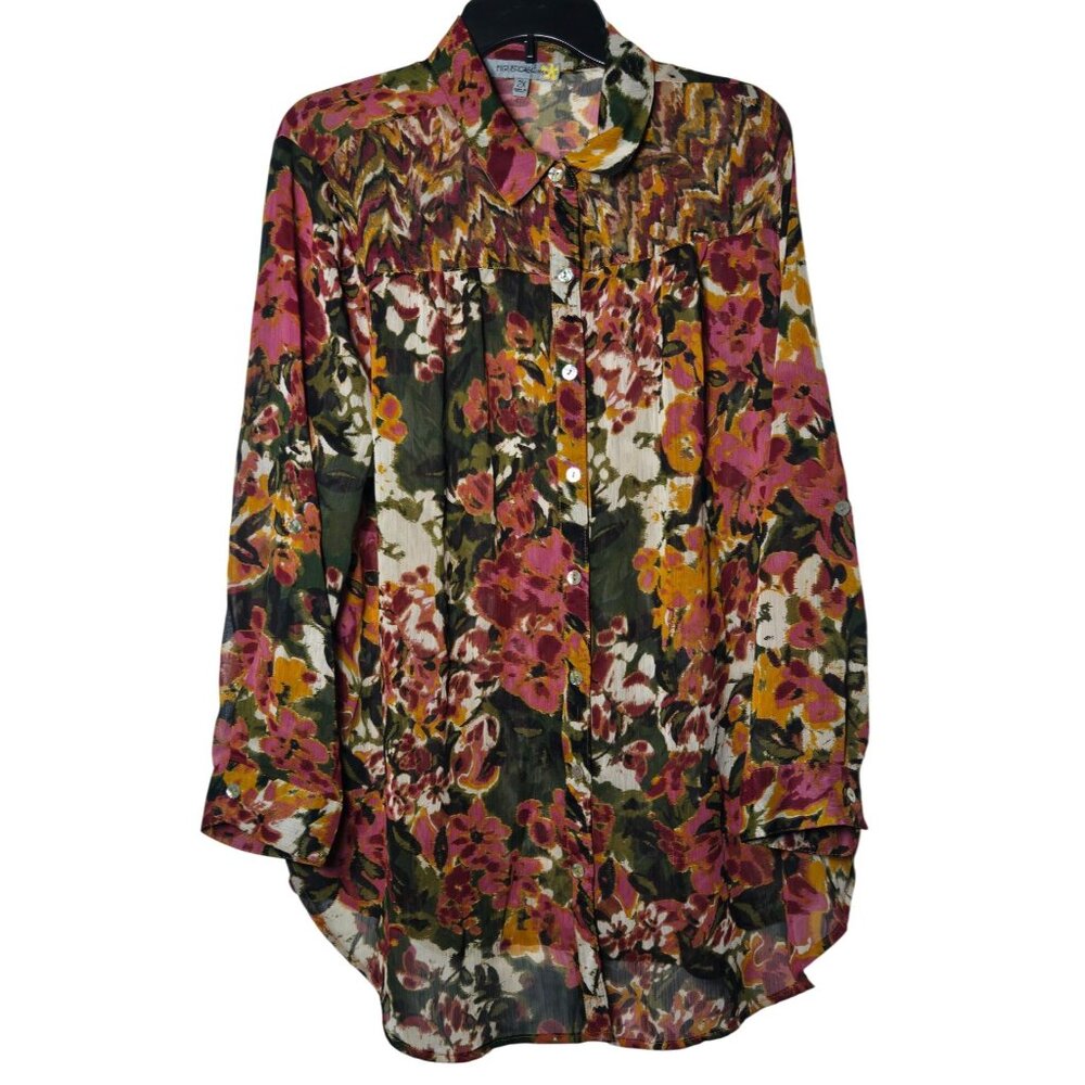 Figueroa & Flower Floral Long‎ Sleeve Button Top Plus Size 2X Boho Fairy Sheer